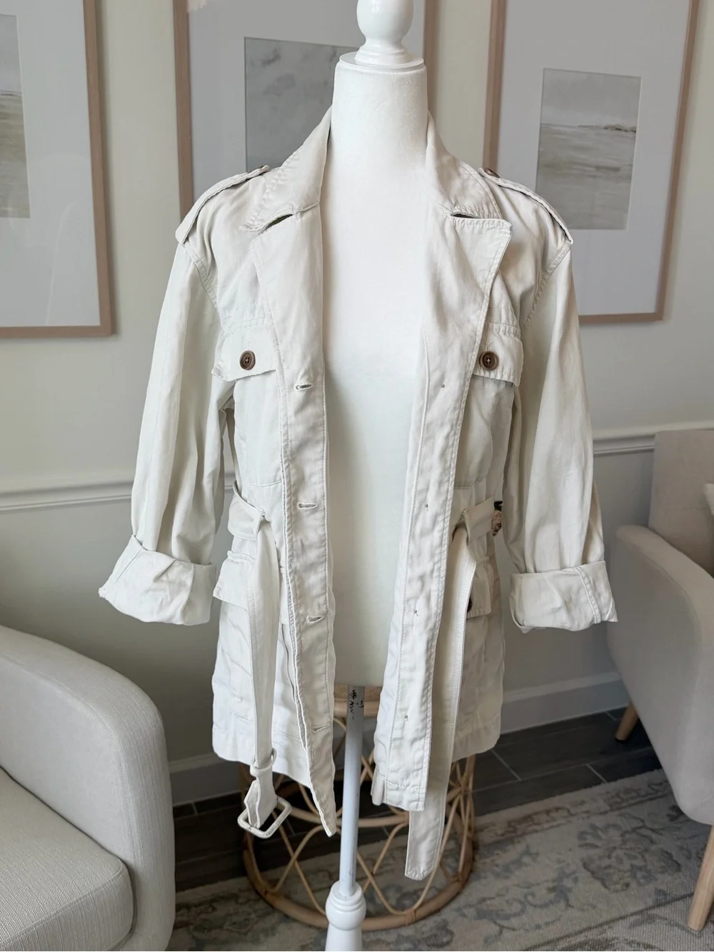 Banana Republic Heritage Linen Blend Safari Jacket Ivory Belted Utility Jacket